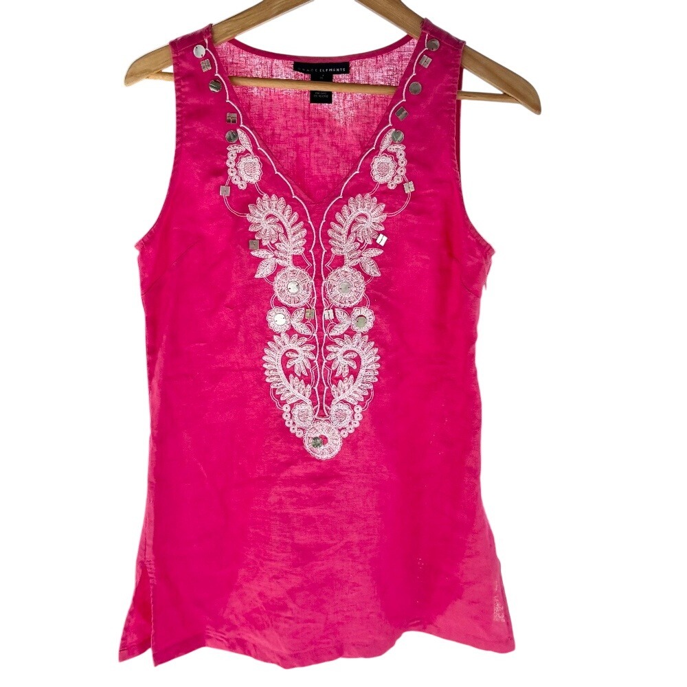 GRACE ELEMENTS Linen Embellished V-Neck Blouse Pink/White Medium